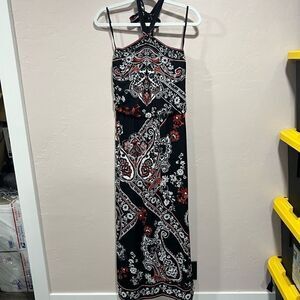 White House Black Market Floral Black Red White Halter Maxi Dress Stretch Sz XS